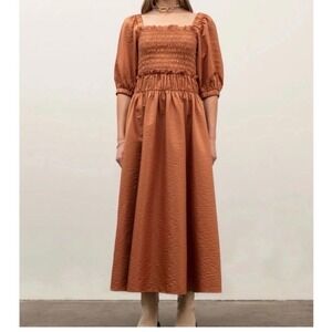 Moon River Anthropologie M Smocked Rust Midi Maxi Puff Sleeve Peasant Milkmaid
